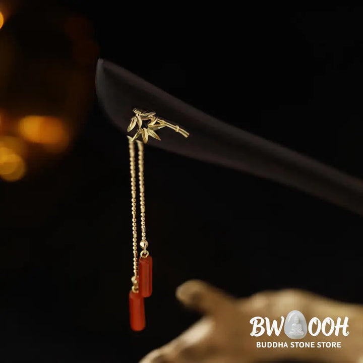 Buddha Stones Red Agate Ebony Wood Confidence Tassel Hairpin - Red Agate (Confidence ♥ Calm) - Hairpin