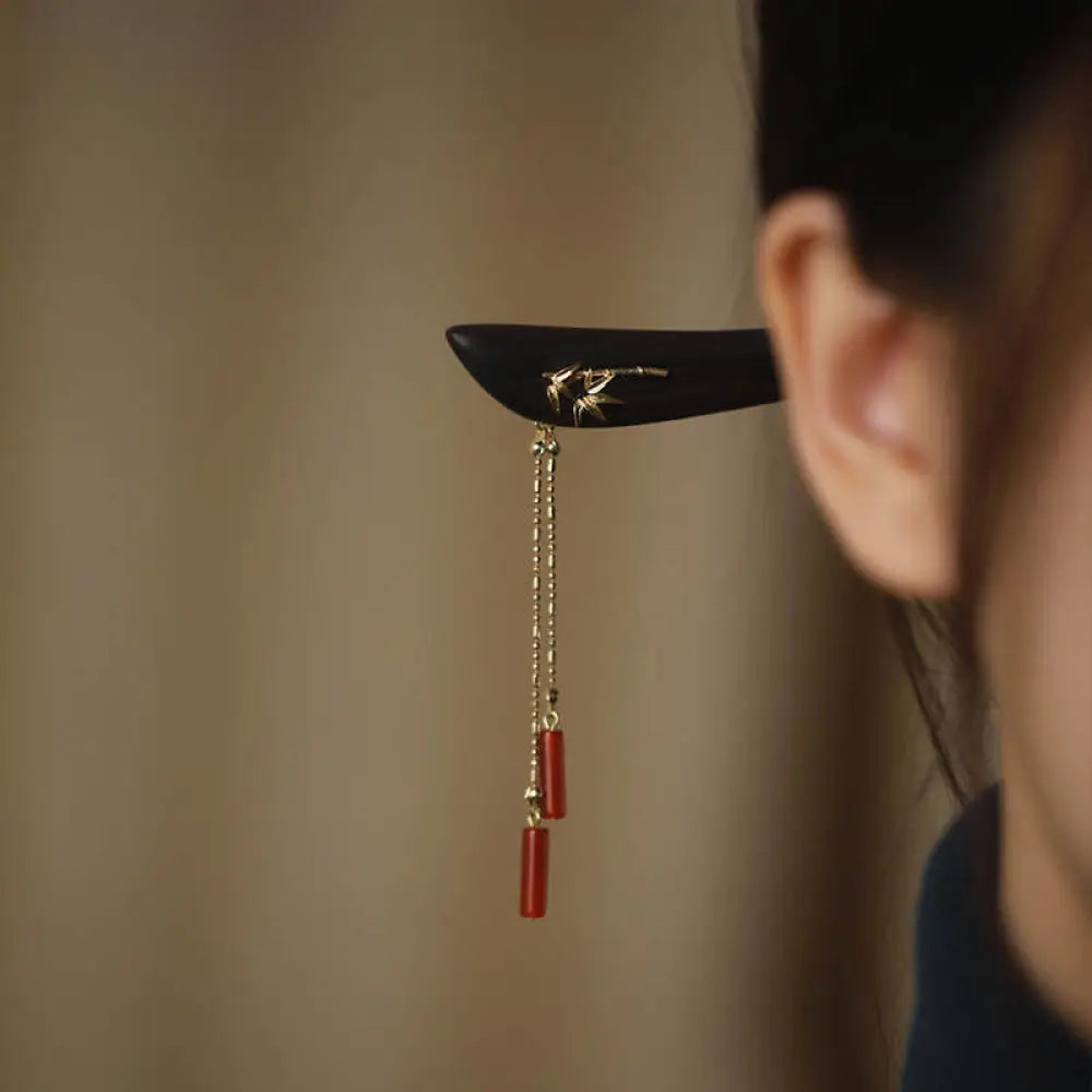 BWOOOH Red Agate Ebony Wood Confidence Tassel Hairpin