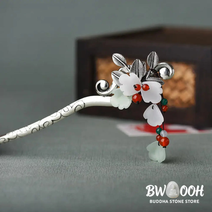 Buddha Stones Red Agate Flower Leaf Calm Confidence Tassel Hairpin - Agate - Hairpin