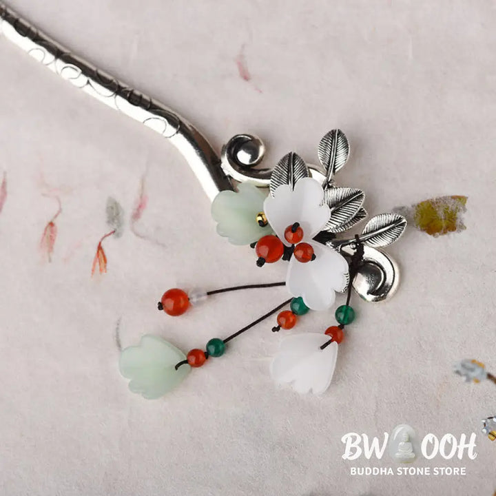 Buddha Stones Red Agate Flower Leaf Calm Confidence Tassel Hairpin - Agate - Hairpin