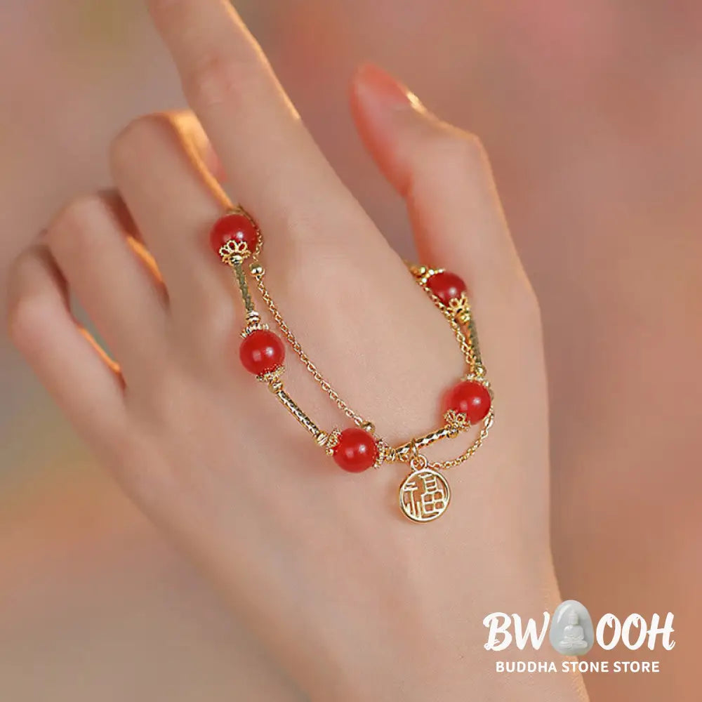 Buddha Stones Red Agate Fu Character Charm Self-acceptance Bracelet - BWOOOH - Red Agate(Confidence♥Calm)(Wrist