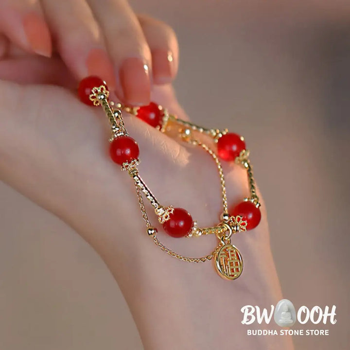 Buddha Stones Red Agate Fu Character Charm Self-acceptance Bracelet - BWOOOH - Red Agate(Confidence♥Calm)(Wrist