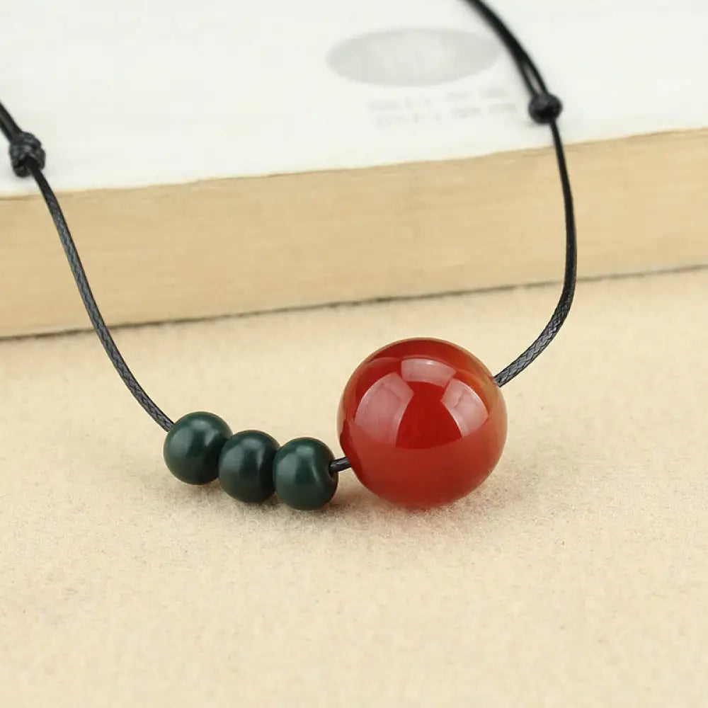 Buddha Stones Red Agate Green Aventurine Green Bodhi Seed Bead Calm Leather Rope Necklace Pendant - BWOOOH - Red