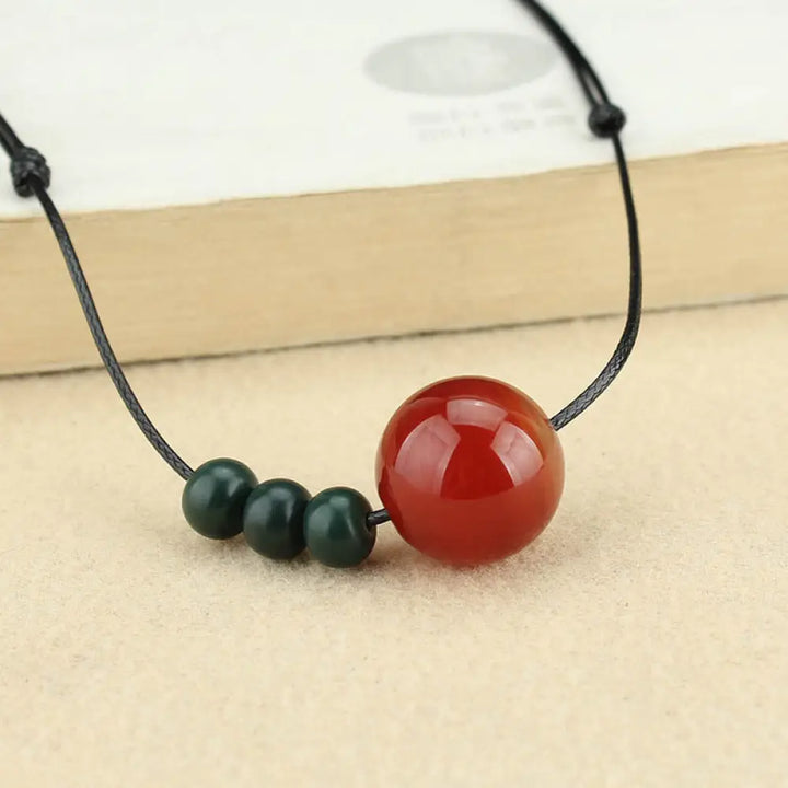 Buddha Stones Red Agate Green Aventurine Green Bodhi Seed Bead Calm Leather Rope Necklace Pendant - BWOOOH - Red
