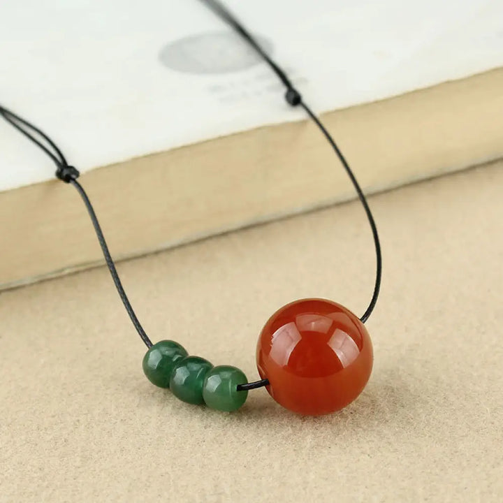 BWOOOH Red Agate Green Aventurine Bodhi Seed Bead Calm Leather Rope Necklace Pendant