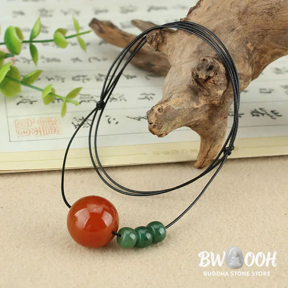 Buddha Stones Red Agate Green Aventurine Green Bodhi Seed Bead Calm Leather Rope Necklace Pendant - BWOOOH - Necklaces