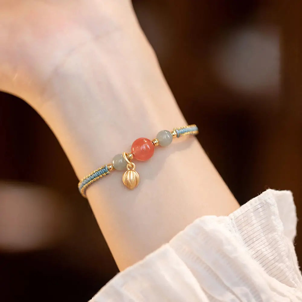 Buddha Stones Red Agate Jade Lotus Confidence Calm String Bracelet - BWOOOH - Red Agate - Bracelet