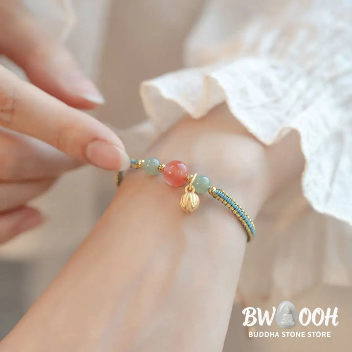 Buddha Stones Red Agate Jade Lotus Confidence Calm String Bracelet - BWOOOH - Bracelet