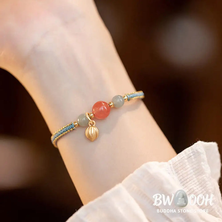 Buddha Stones Red Agate Jade Lotus Confidence Calm String Bracelet - BWOOOH - Bracelet