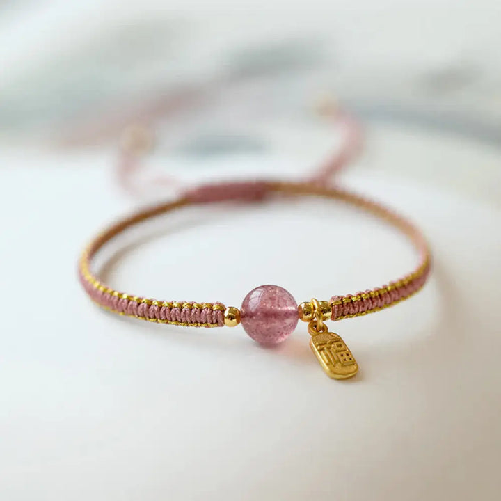 Buddha Stones Red Agate Jade Lotus Confidence Calm String Bracelet - BWOOOH - Strawberry Quartz - Bracelet
