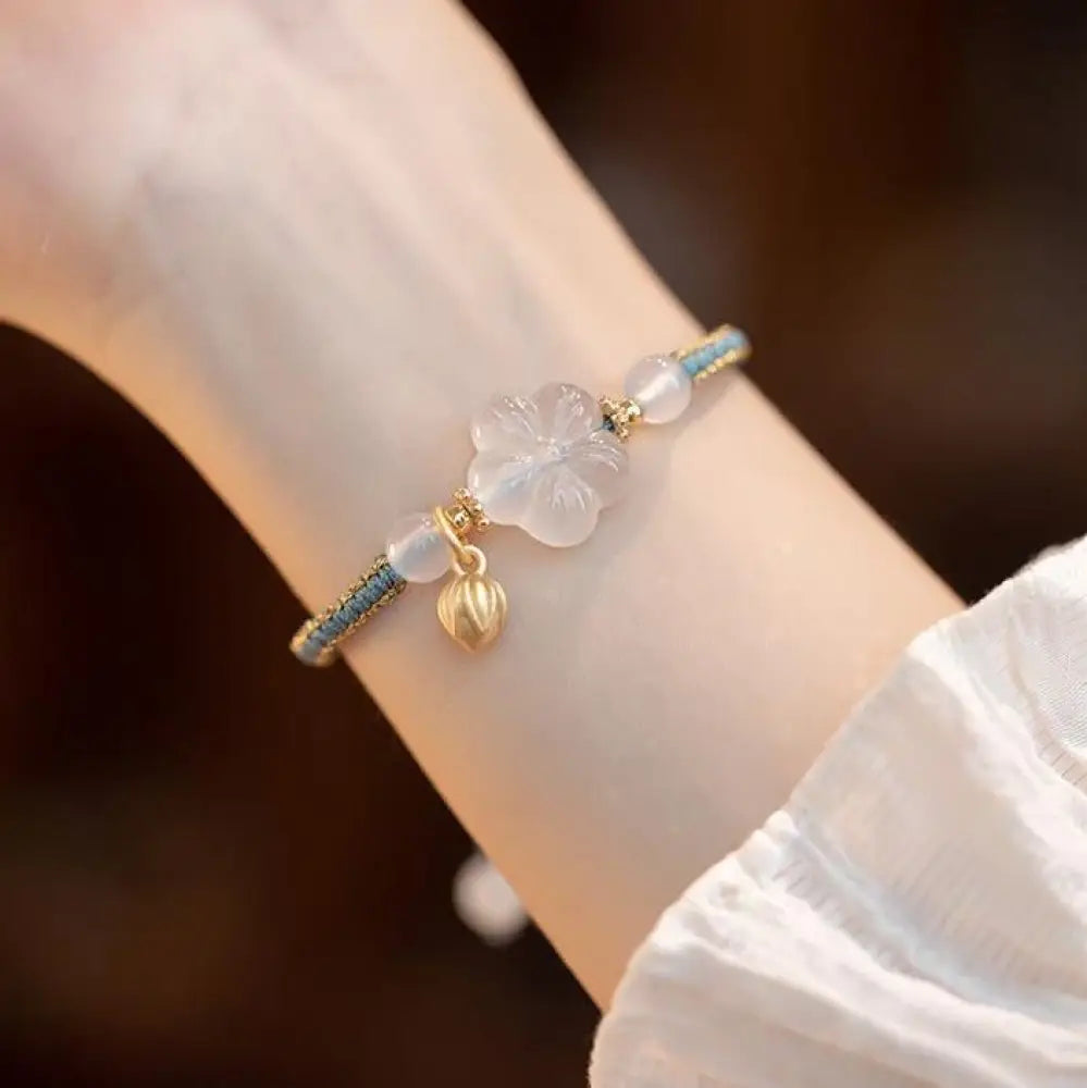 Buddha Stones Red Agate Jade Lotus Confidence Calm String Bracelet - BWOOOH - White Agate - Bracelet