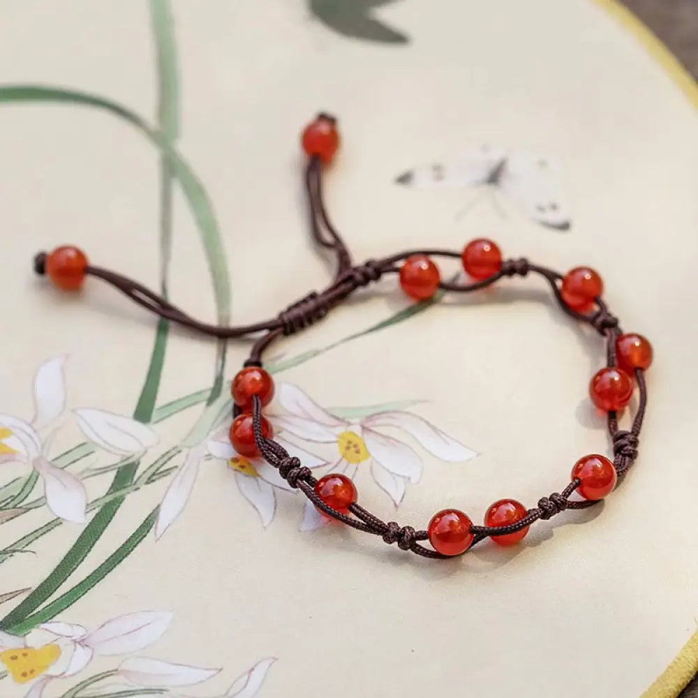Buddha Stones Red Agate Moss Agate Cinnabar Calm Bracelet - Red Agate&amp;Brown String - Bracelet