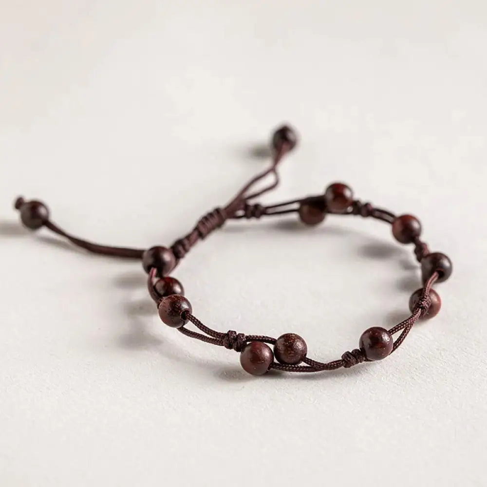 Buddha Stones Red Agate Moss Agate Cinnabar Calm Bracelet - Small Leaf Red Sandalwood&amp;Brown String - Bracelet