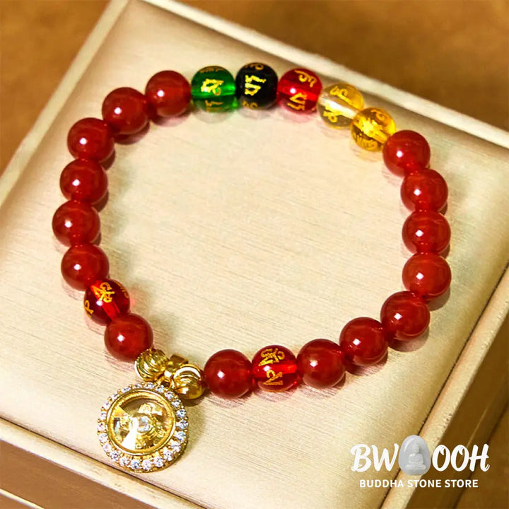 Buddha Stones Red Agate Om Mani Padme Hum Five Directions Gods of Wealth Zircon Cyclone Charm Self-acceptance Bracelet
