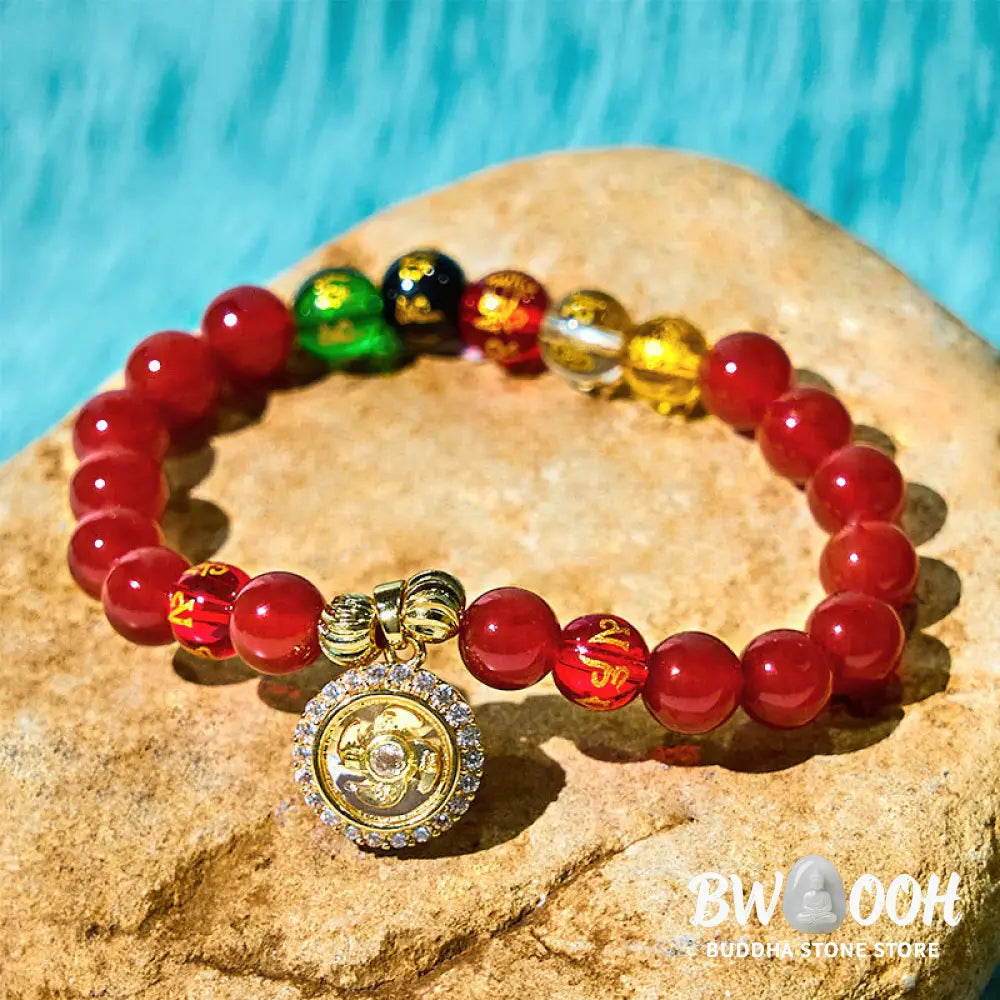 Buddha Stones Red Agate Om Mani Padme Hum Five Directions Gods of Wealth Zircon Cyclone Charm Self-acceptance Bracelet