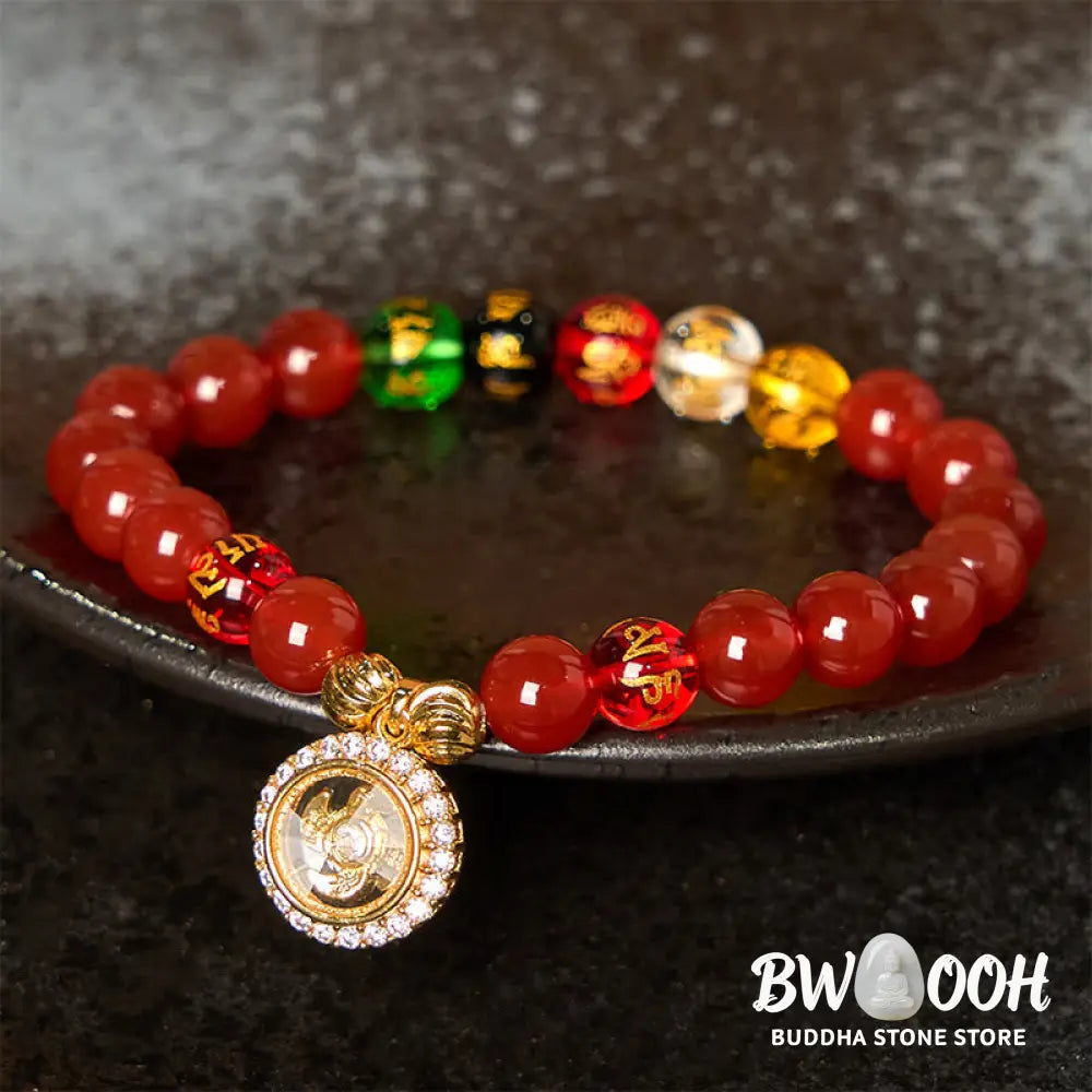 Buddha Stones Red Agate Om Mani Padme Hum Five Directions Gods of Wealth Zircon Cyclone Charm Self-acceptance Bracelet