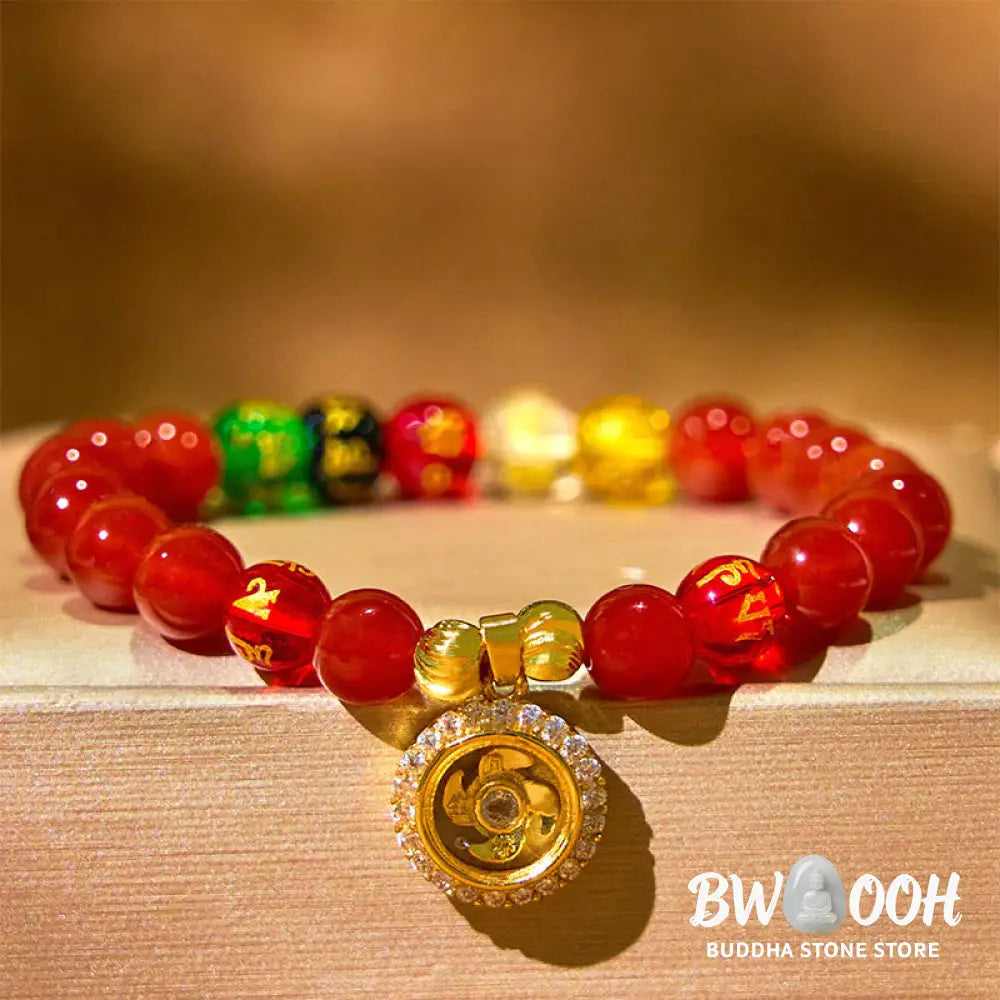 Buddha Stones Red Agate Om Mani Padme Hum Five Directions Gods of Wealth Zircon Cyclone Charm Self-acceptance Bracelet