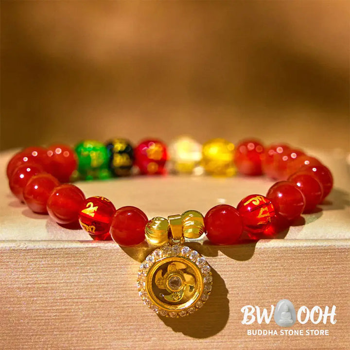 Buddha Stones Red Agate Om Mani Padme Hum Five Directions Gods of Wealth Zircon Cyclone Charm Self-acceptance Bracelet