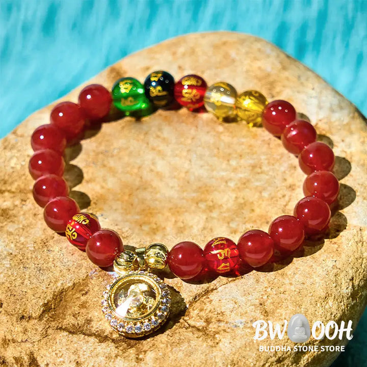 Buddha Stones Red Agate Om Mani Padme Hum Five Directions Gods of Wealth Zircon Cyclone Charm Self-acceptance Bracelet