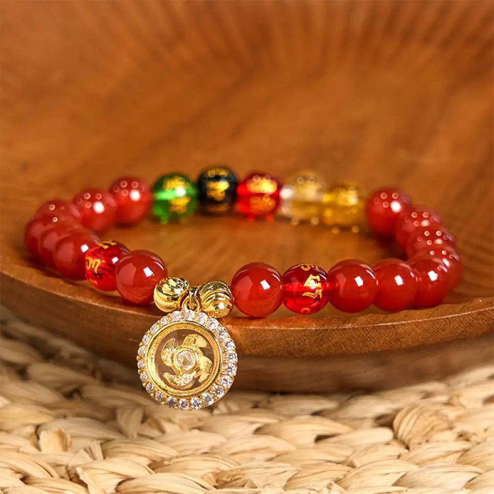 BWOOOH Red Agate Om Mani Padme Hum Five Directions Gods of Wealth Zircon Cyclone Charm Self-acceptance Bracelet — Red Agat...