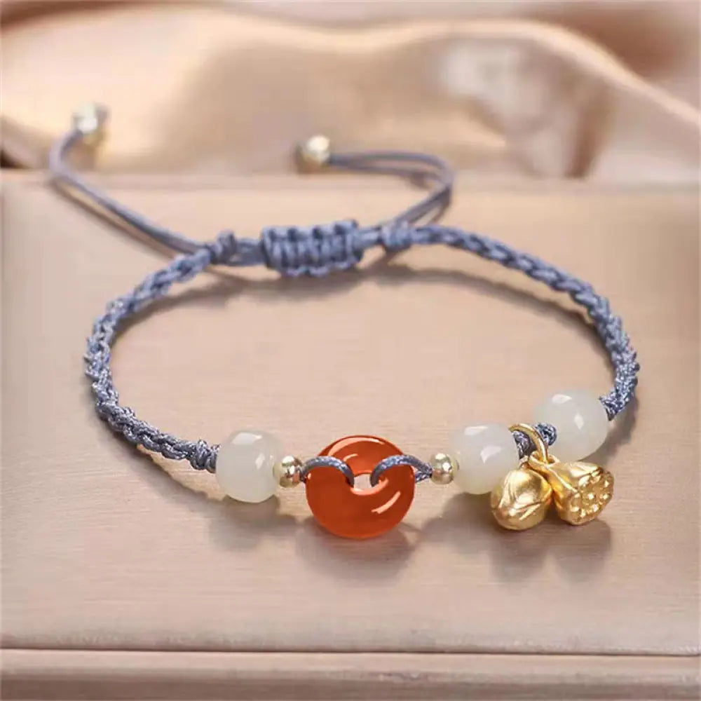 Buddha Stones Red Agate Peace Buckle Jade Lotus Healing Braided Bracelet - BWOOOH - Blue(Wrist Circumference 14-18cm)