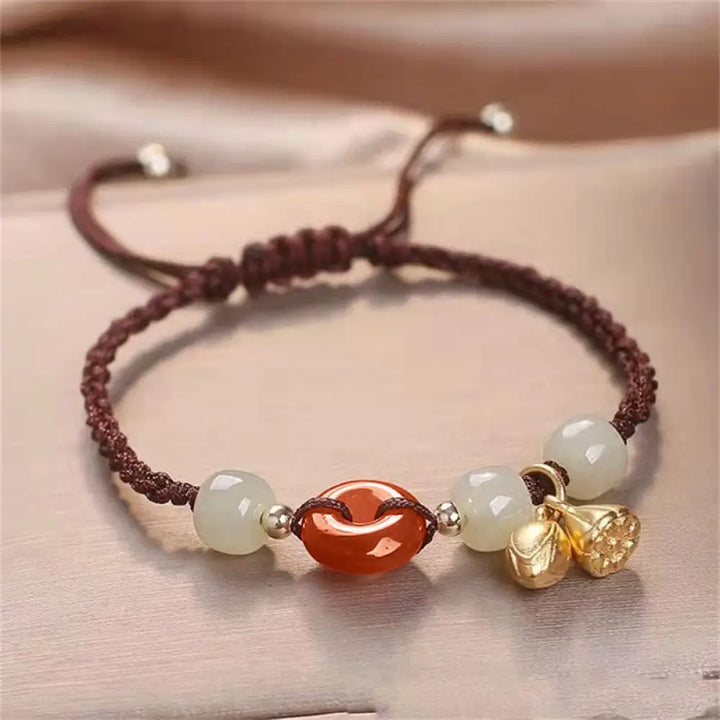 Buddha Stones Red Agate Peace Buckle Jade Lotus Healing Braided Bracelet - BWOOOH - Brown(Wrist Circumference 14-18cm)
