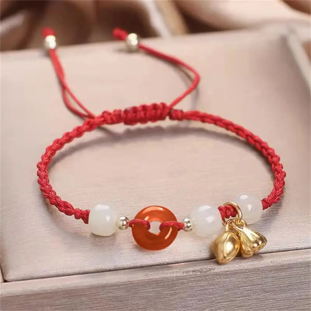 BWOOOH Red Agate Peace Buckle Jade Lotus Healing Braided Bracelet - BWOOOH - Red(Wrist Circumference 14-18cm)