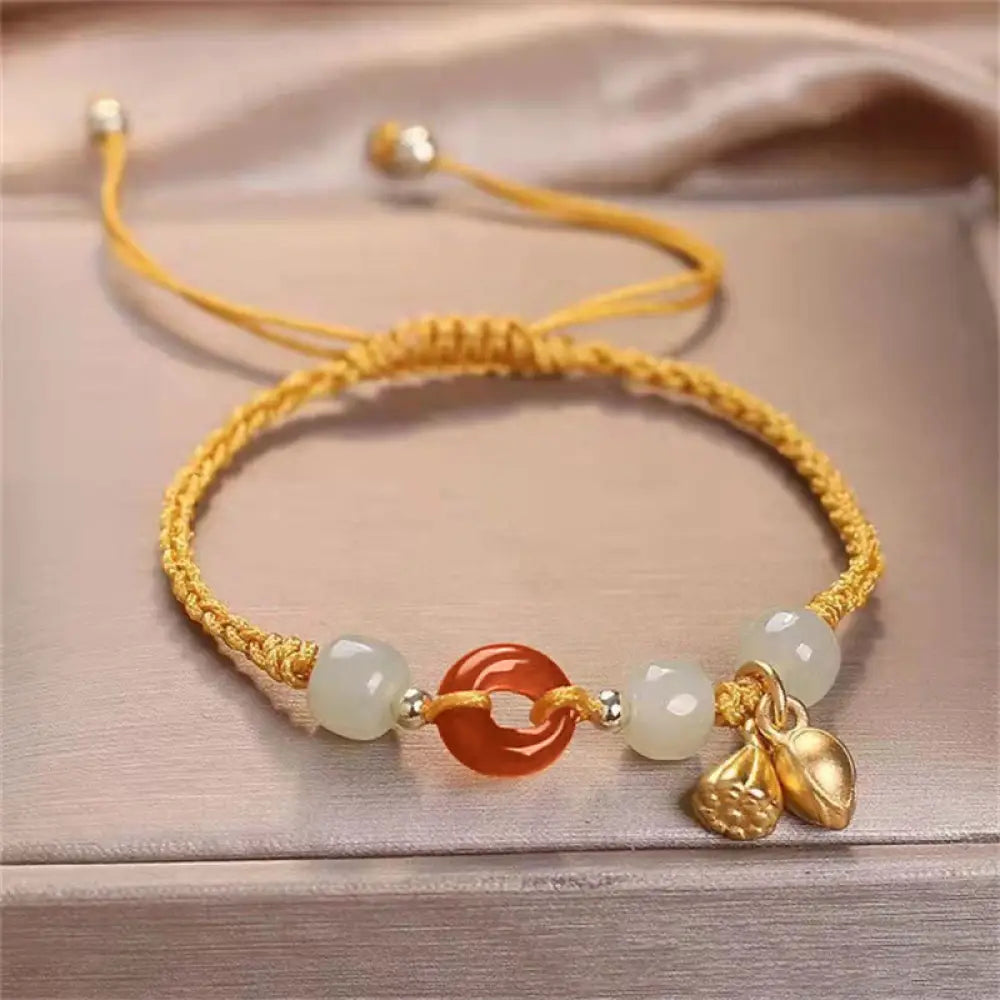 Buddha Stones Red Agate Peace Buckle Jade Lotus Healing Braided Bracelet - BWOOOH - Yellow(Wrist Circumference 14-18cm)