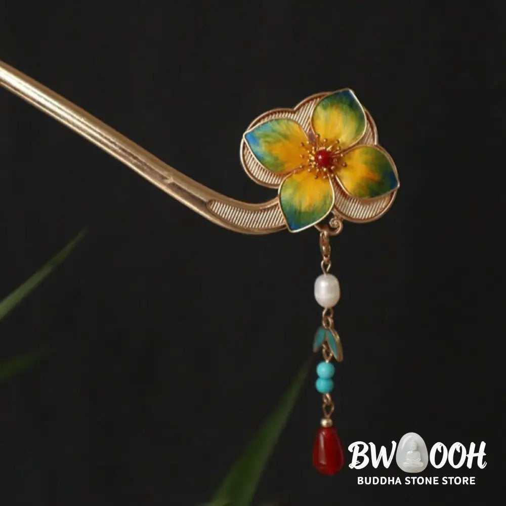 Buddha Stones Red Agate Turquoise Bead Calm Confidence Velvet Flower Tassel Hairpin - Hairpin