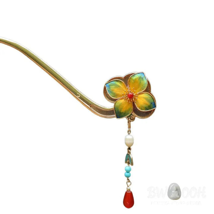Buddha Stones Red Agate Turquoise Bead Calm Confidence Velvet Flower Tassel Hairpin - Hairpin