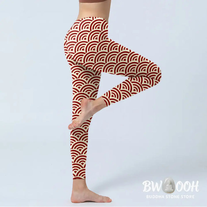 BWOOOH printed yoga leggings - Red Beige Fan Shapes Print Gym Leggings 