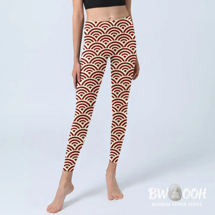 BWOOOH printed yoga leggings - Red Beige Fan Shapes Print Gym Leggings 