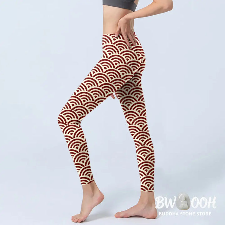 BWOOOH printed yoga leggings - Red Beige Fan Shapes Print Gym Leggings 