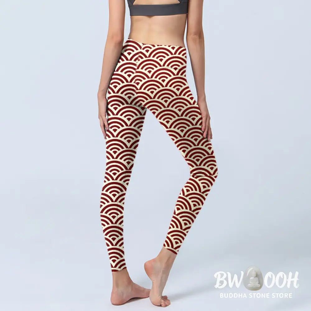 BWOOOH printed yoga leggings - Red Beige Fan Shapes Print Gym Leggings 