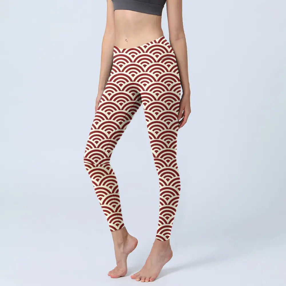 BWOOOH printed yoga leggings - Red Beige Fan Shapes Print Gym Leggings 