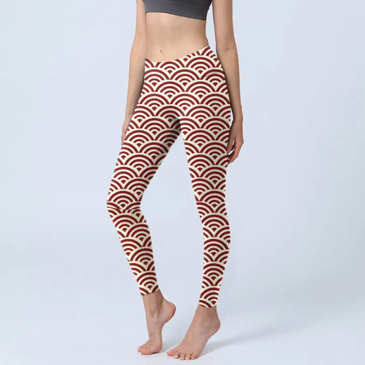 BWOOOH printed yoga leggings - Red Beige Fan Shapes Print Gym Leggings 
