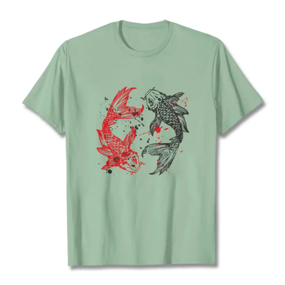 Buddha Stones Red Black Koi Fish Tee T-shirt - PaleGreen / S - T-Shirts