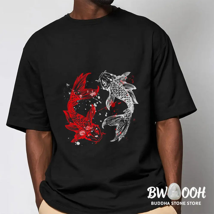 Buddha Stones Red Black Koi Fish Tee T-shirt - T-Shirts