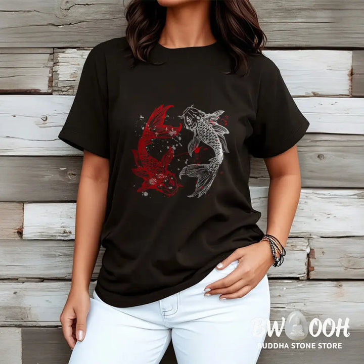 Buddha Stones Red Black Koi Fish Tee T-shirt - T-Shirts