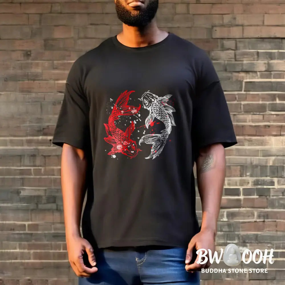Buddha Stones Red Black Koi Fish Tee T-shirt - T-Shirts
