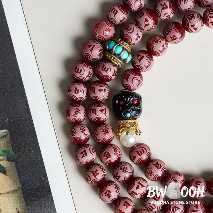 BWOOOH Red Bodhi Seed Harmony Bracelet, 10mm dark-speckled beads. Features engraved Om Mani Padme Hum mantra and Lotus symbol, accented with Liuli Glass, Pearl, Agate, Turquoise beads. Unisex design for spiritual balance and enlightenment. - View 8
