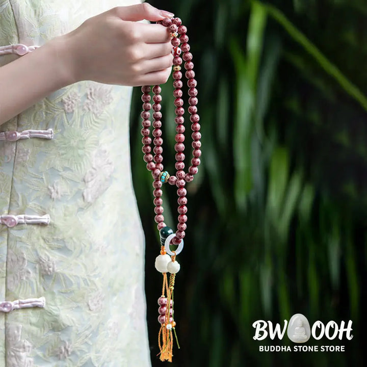 BWOOOH Red Bodhi Seed Harmony Bracelet, 10mm dark-speckled beads. Features engraved Om Mani Padme Hum mantra and Lotus symbol, accented with Liuli Glass, Pearl, Agate, Turquoise beads. Unisex design for spiritual balance and enlightenment. - View 9