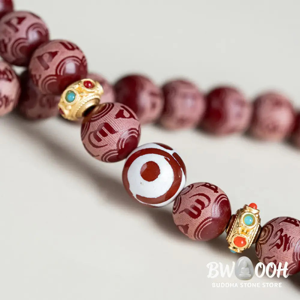 BWOOOH Red Bodhi Seed Harmony Bracelet, 10mm dark-speckled beads. Features engraved Om Mani Padme Hum mantra and Lotus symbol, accented with Liuli Glass, Pearl, Agate, Turquoise beads. Unisex design for spiritual balance and enlightenment. - View 6