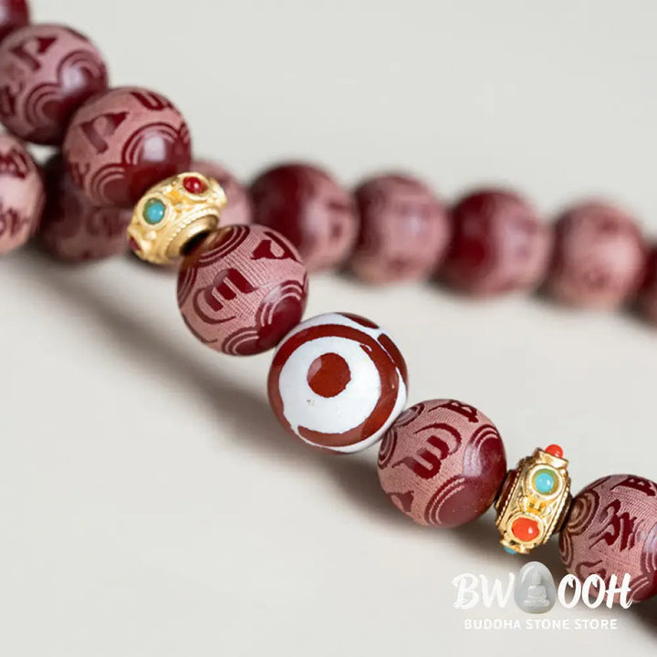 BWOOOH Red Bodhi Seed Harmony Bracelet, 10mm dark-speckled beads. Features engraved Om Mani Padme Hum mantra and Lotus symbol, accented with Liuli Glass, Pearl, Agate, Turquoise beads. Unisex design for spiritual balance and enlightenment. - View 6