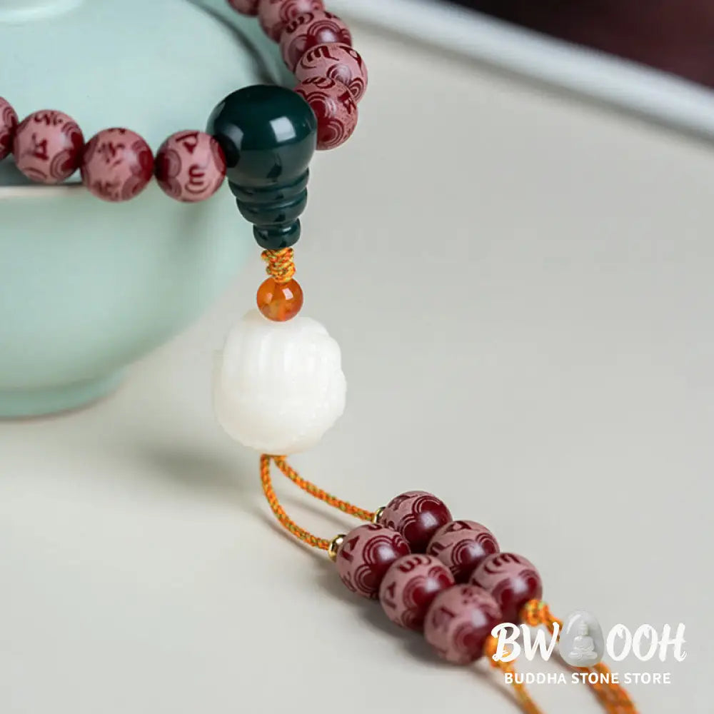 BWOOOH Red Bodhi Seed Harmony Bracelet, 10mm dark-speckled beads. Features engraved Om Mani Padme Hum mantra and Lotus symbol, accented with Liuli Glass, Pearl, Agate, Turquoise beads. Unisex design for spiritual balance and enlightenment. - View 5