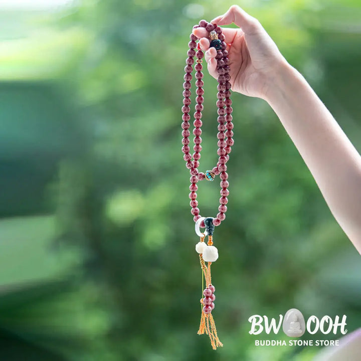 BWOOOH Red Bodhi Seed Harmony Bracelet, 10mm dark-speckled beads. Features engraved Om Mani Padme Hum mantra and Lotus symbol, accented with Liuli Glass, Pearl, Agate, Turquoise beads. Unisex design for spiritual balance and enlightenment. - View 2