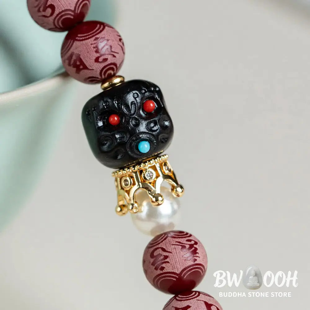 BWOOOH Red Bodhi Seed Harmony Bracelet, 10mm dark-speckled beads. Features engraved Om Mani Padme Hum mantra and Lotus symbol, accented with Liuli Glass, Pearl, Agate, Turquoise beads. Unisex design for spiritual balance and enlightenment. - View 4
