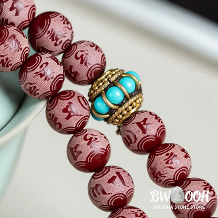 BWOOOH Red Bodhi Seed Harmony Bracelet, 10mm dark-speckled beads. Features engraved Om Mani Padme Hum mantra and Lotus symbol, accented with Liuli Glass, Pearl, Agate, Turquoise beads. Unisex design for spiritual balance and enlightenment. - View 7