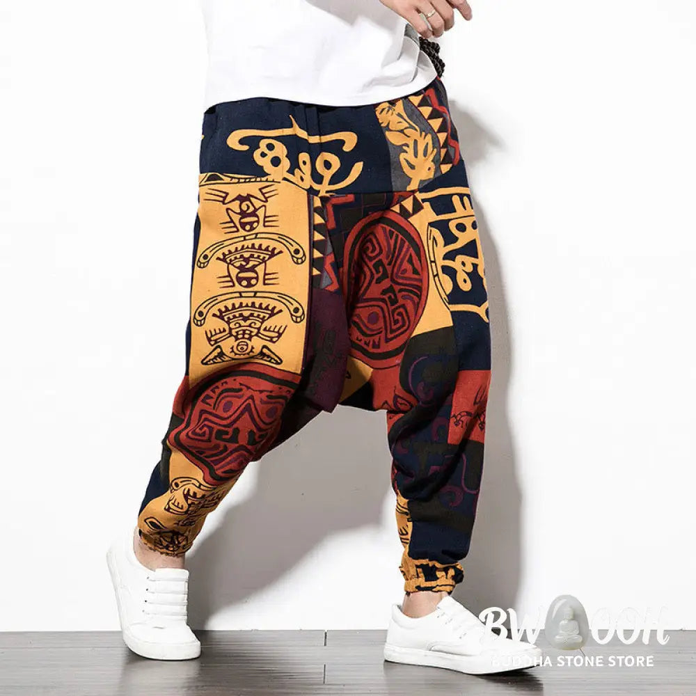Buddha Stones Red Brown Graffiti Bird Print Men’s Harem Pants With Pockets - Men’s Harem Pants