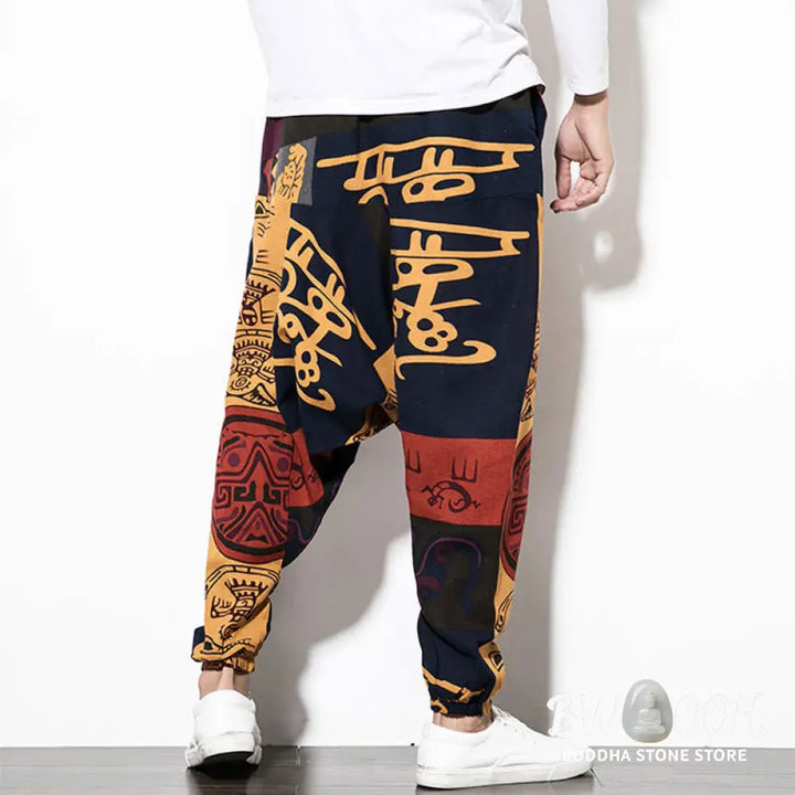 Buddha Stones Red Brown Graffiti Bird Print Men’s Harem Pants With Pockets - Men’s Harem Pants